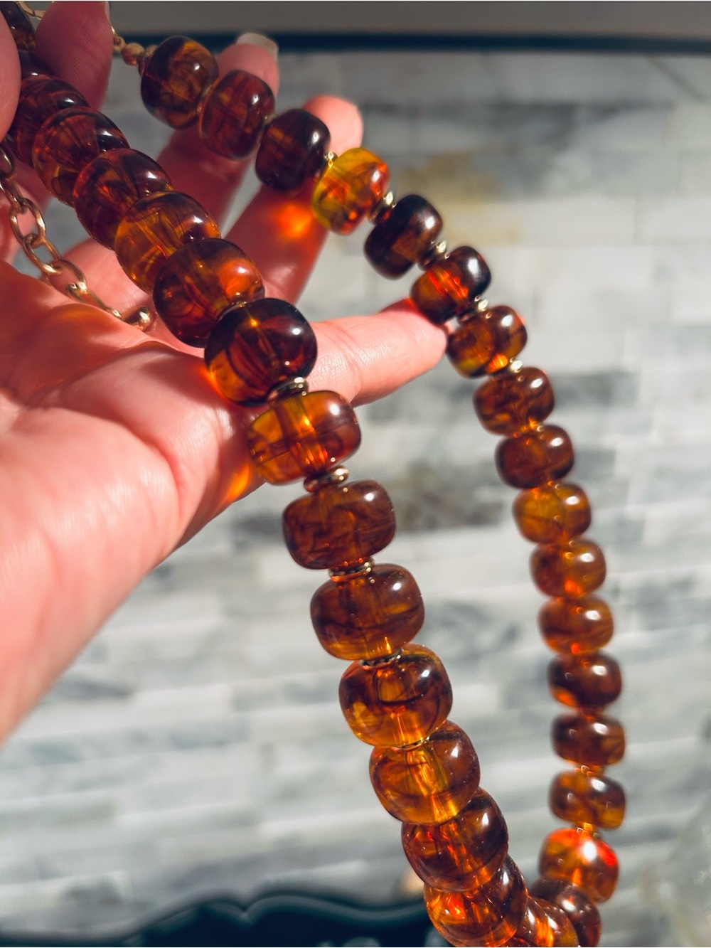 Amber Resin Bead Necklace with Gold Chain - Picture 4 of 6